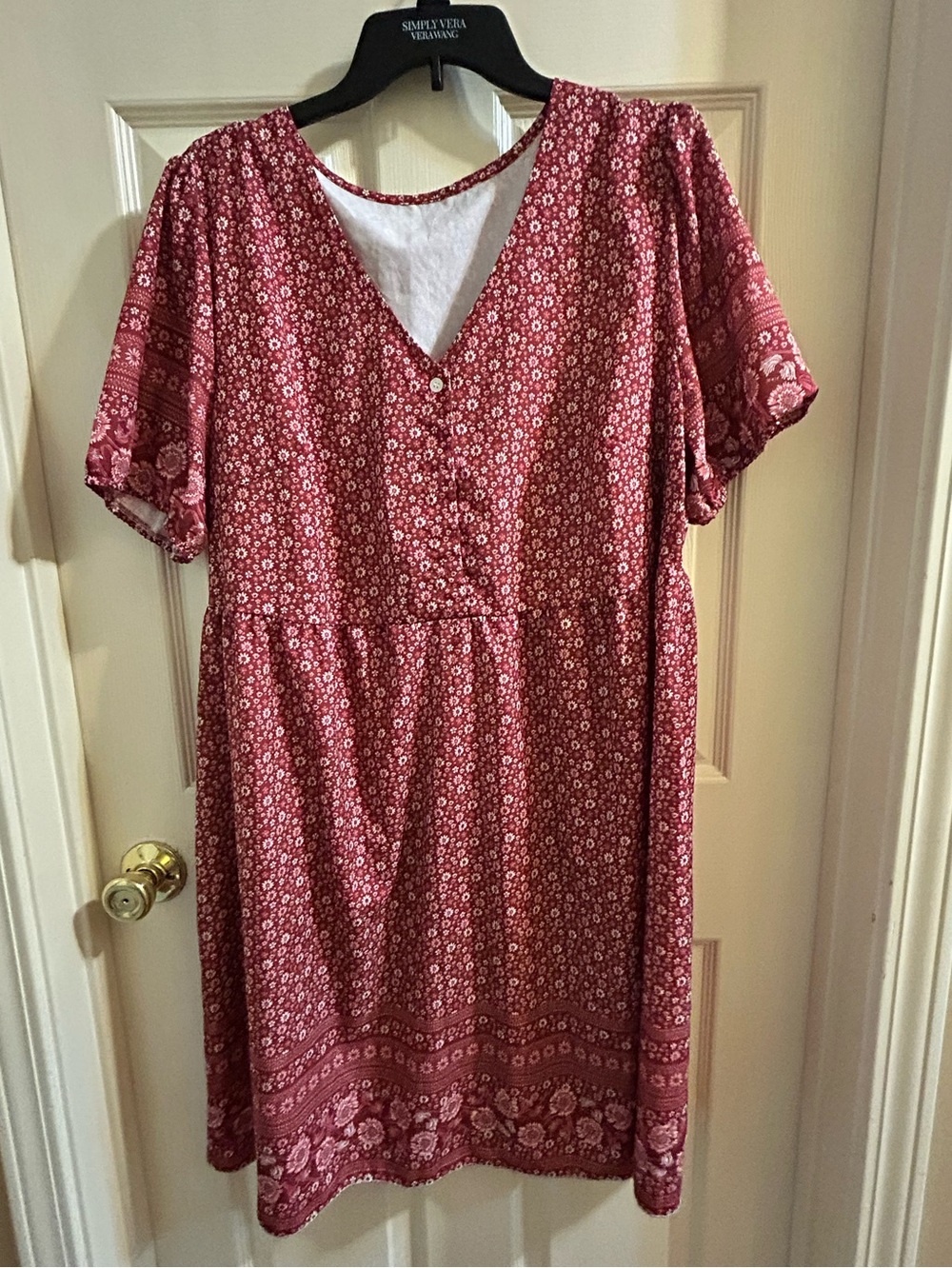 Floral V-Neck Short Sleeve Dress - Red